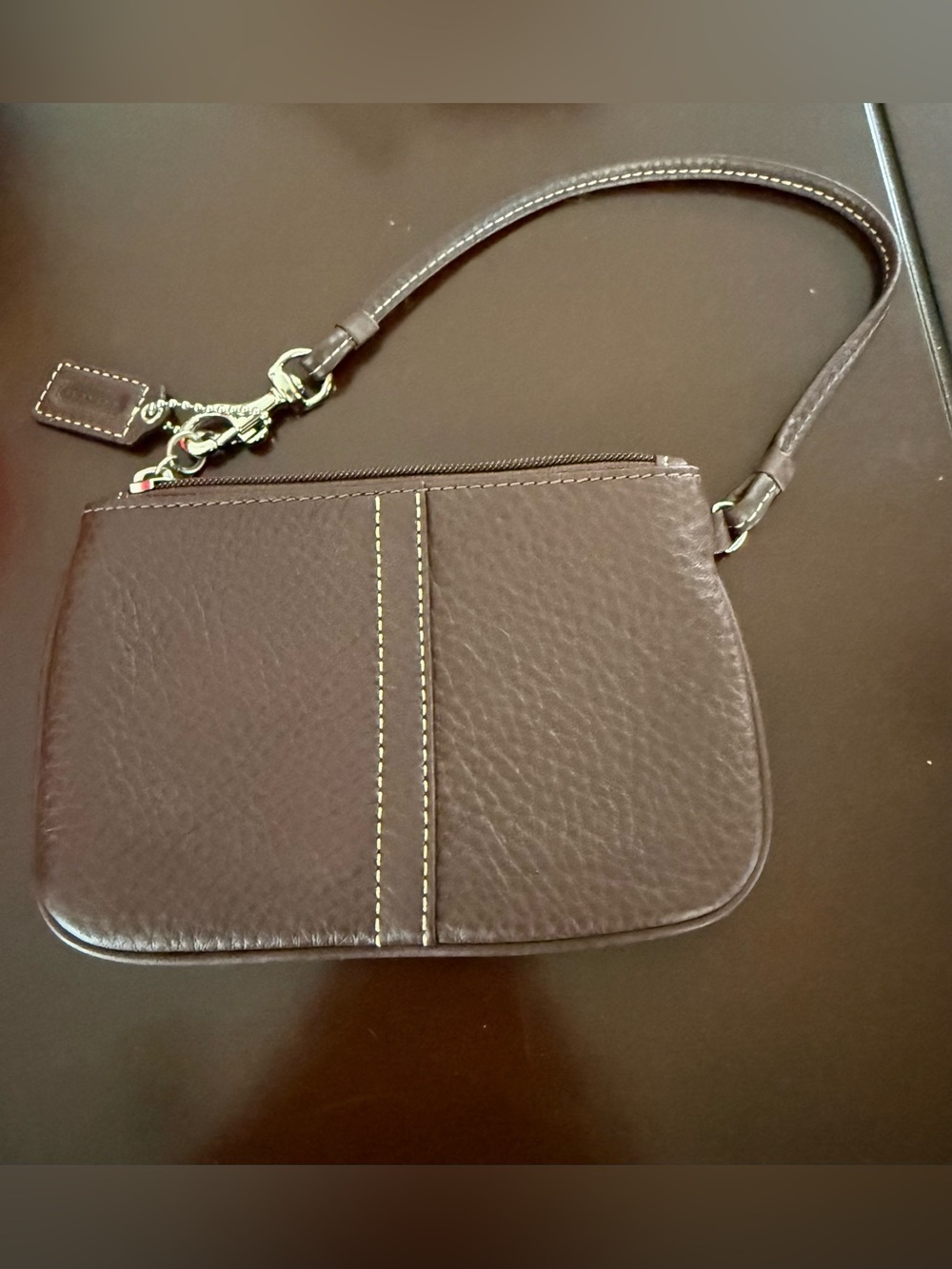 Coach Brown Leather Wristlet Clutch with Contrast Stitching